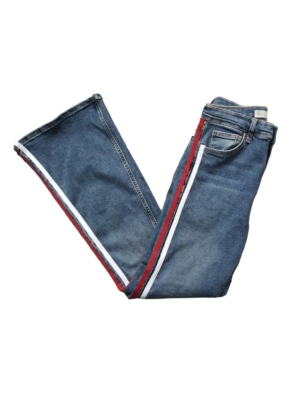 ๐บ๐ธ Topshop Jeans Moto Jamie Flare Womens 28 High Waisted Red White Blue Stripe - Picture 2 of 12